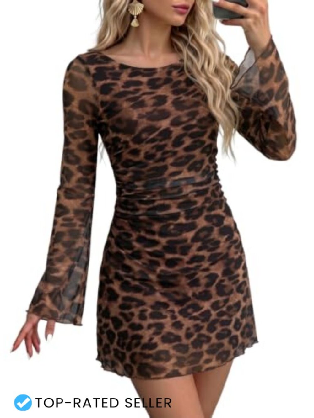 Women Mesh Mini Dress Bell Sleeve Ruched A Line Crewneck
